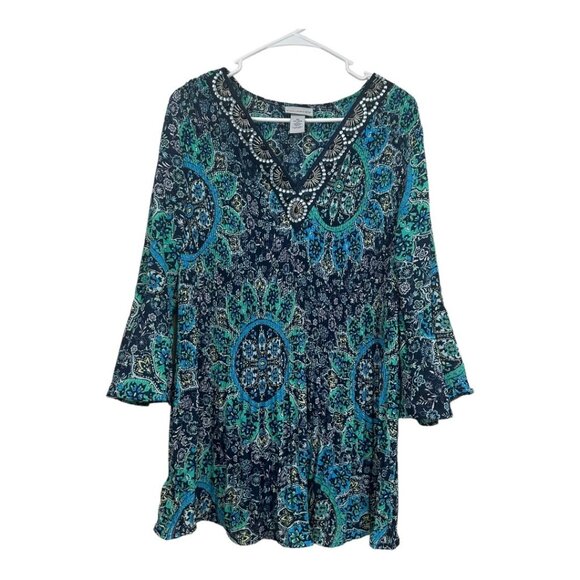CATHERINES Women SZ 0X(14/16W) Accordion Pleat Tunic Top Bell Sleeve Embellished - Picture 11 of 12